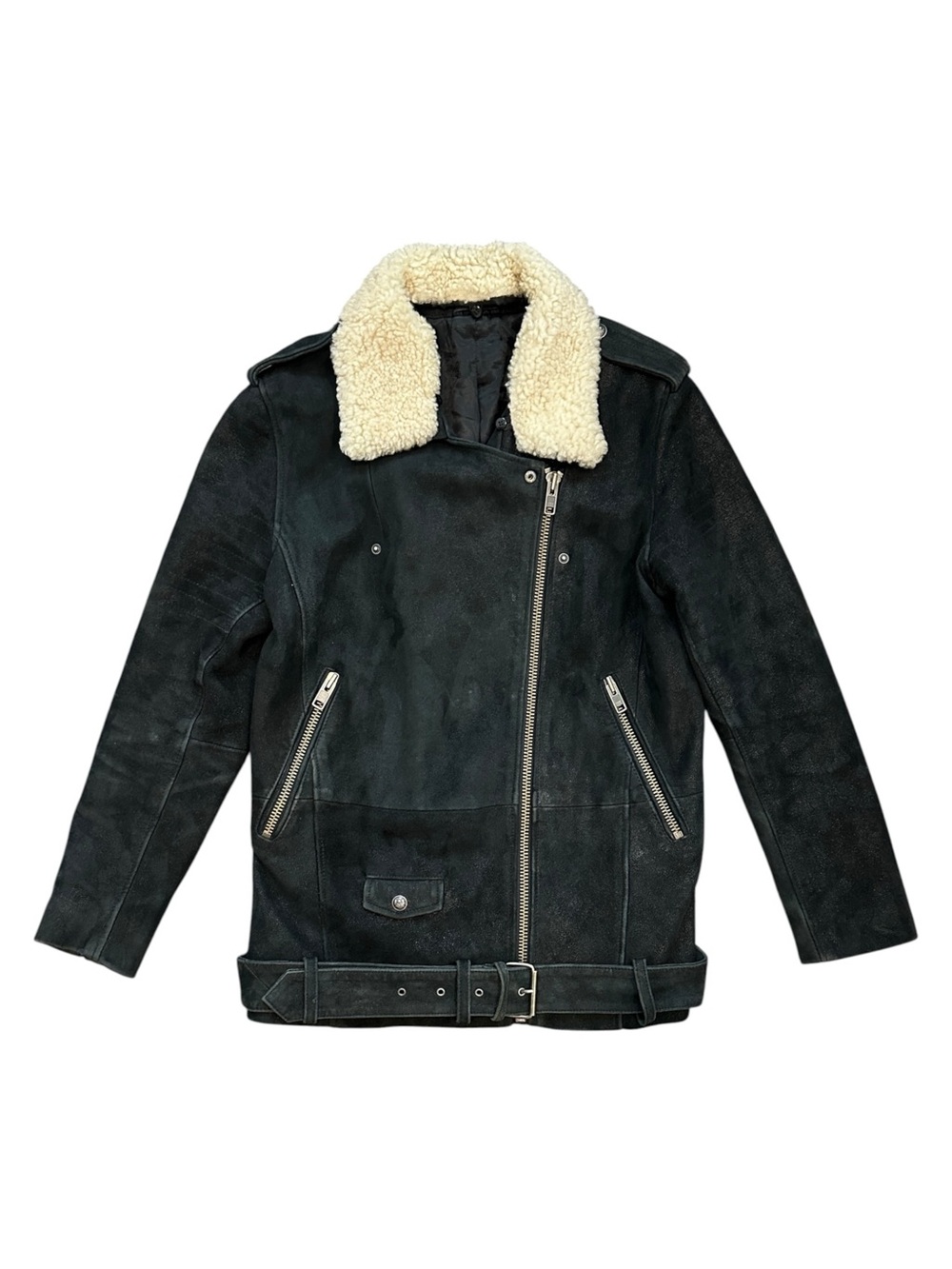 The Kooples Goat Leather Shearling Sheepskin Collar Moto Biker Jacket Black XS